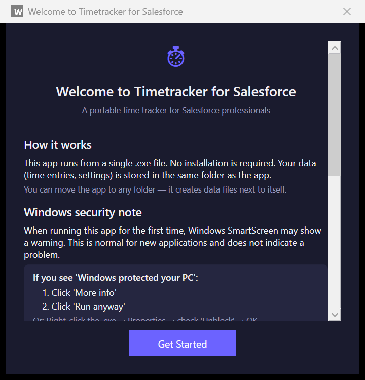 Welcome screen shown on first launch, explaining portable operation and Windows SmartScreen instructions