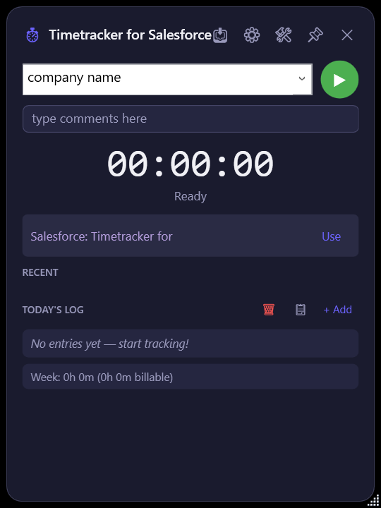 Main application window in dark mode showing timer, client selector, and today's log