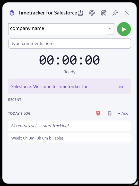 Main application window in light mode showing timer, client selector, and today's log