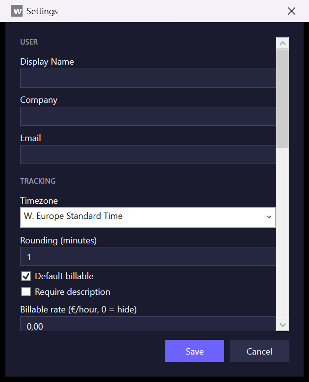 Settings window showing user profile fields and tracking configuration options