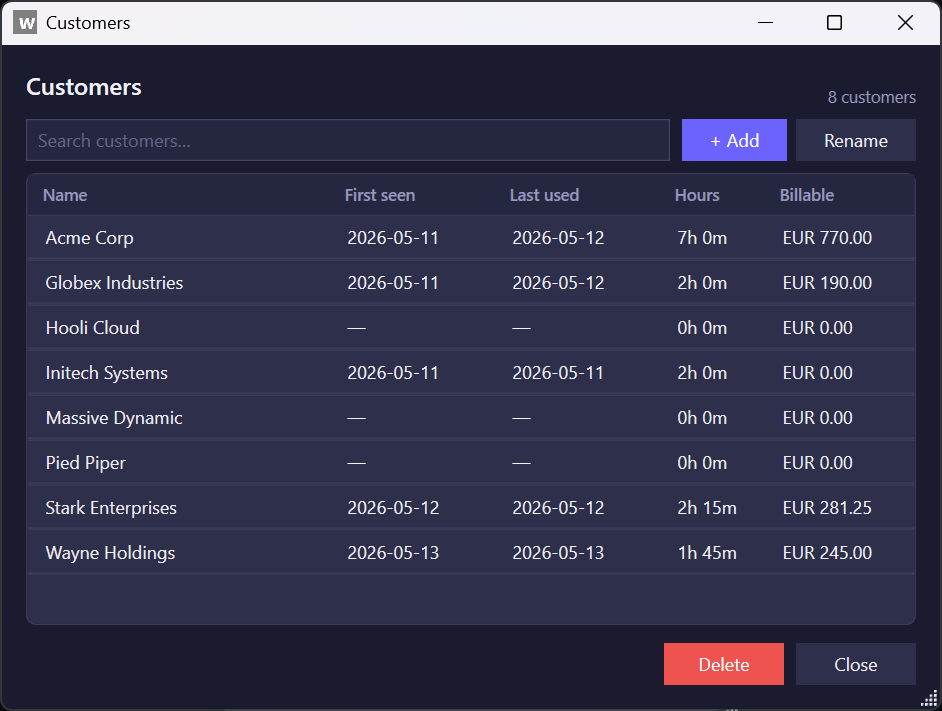 Customer-management screen with sortable Name / First seen / Last used / Hours / Billable columns and search
