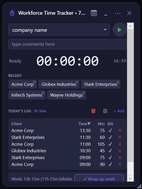 Dark theme showing today's log with sortable columns, wall-clock and weekly billable summary