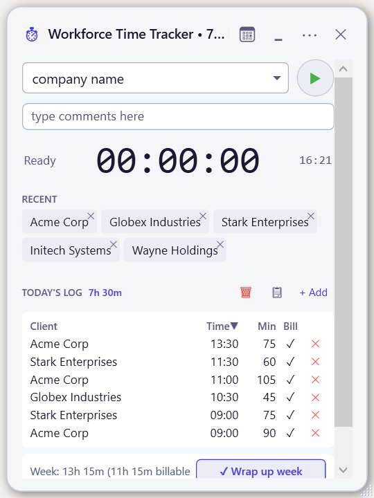 Light theme variant with the same sortable today's log and weekly summary