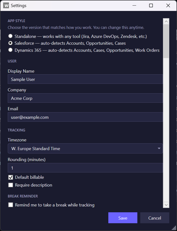 Settings panel with edition picker, user info, timezone, rounding, and billable rate configuration